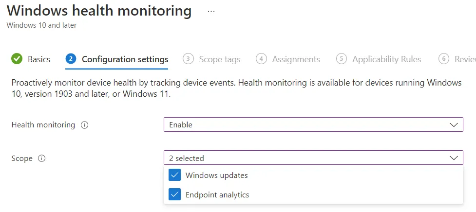 Windows health monitoring settings