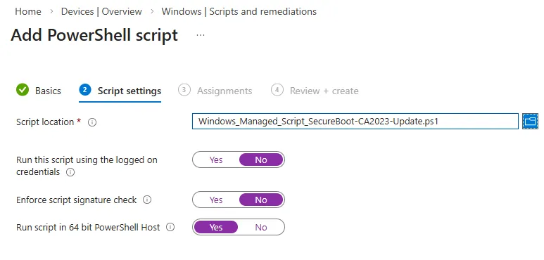 Secure Boot Certificate Update Script settings in Intune
