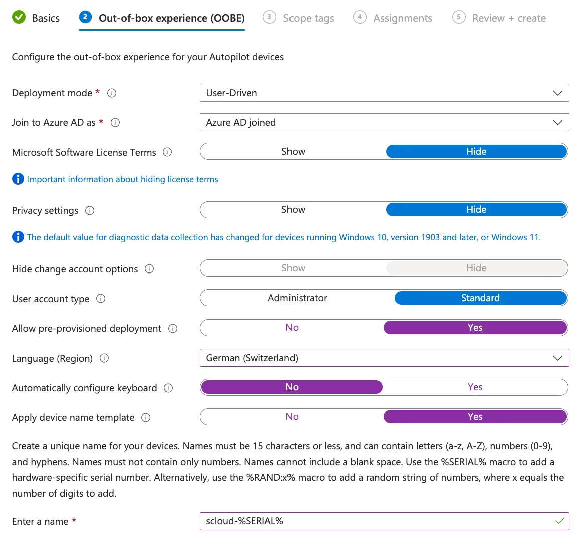 Autopilot Profile settings