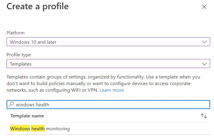 create Windows health monitoring profile