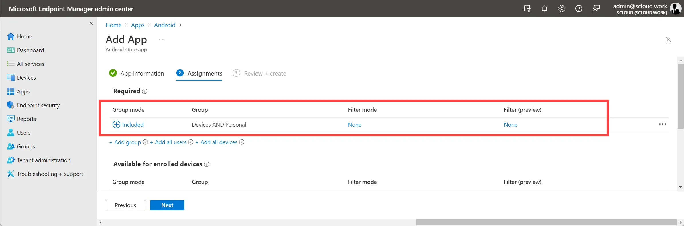 Android Microsoft Defender MAM assigment