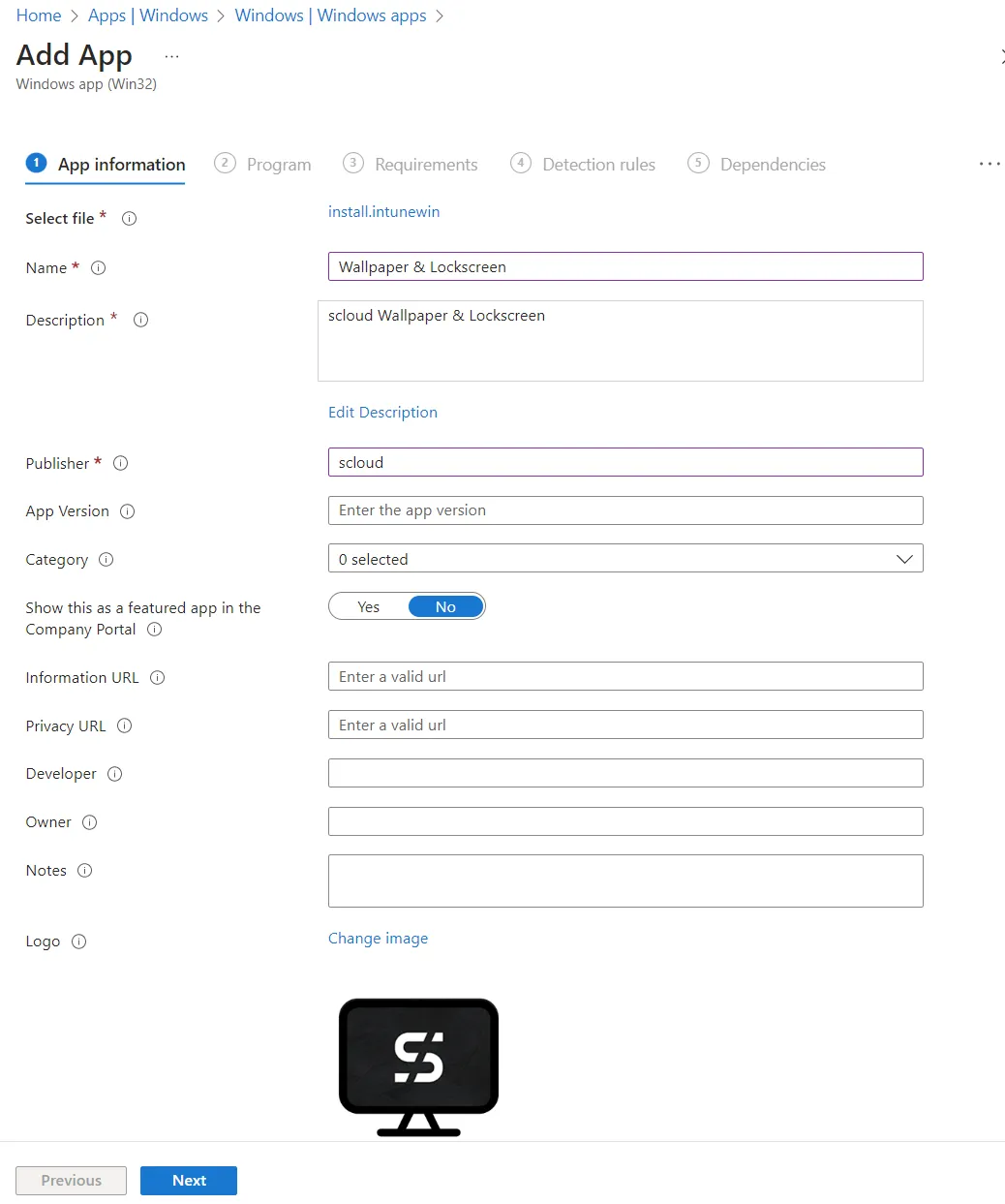 Name, Beschreibung und Herausgeber für Intune Paket für Hintergrundbild und Sperrbildschirm