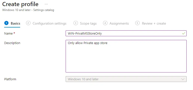 Intune create profile for: Require Private Store Only
