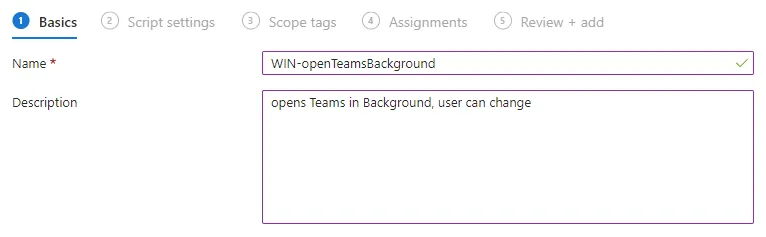 Intune, PowerShell script Name and Description