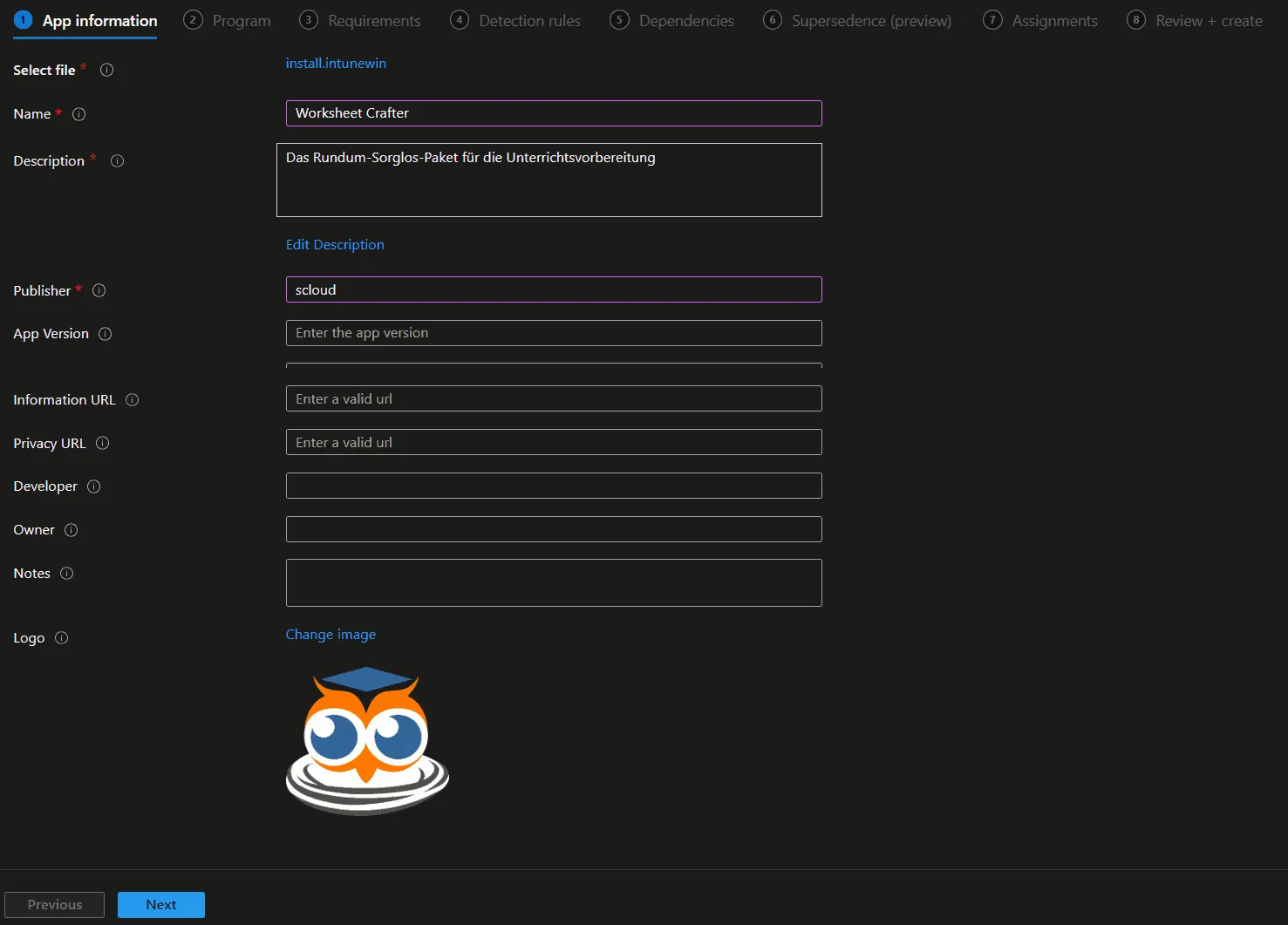 Worksheet Crafter, Intune, App info