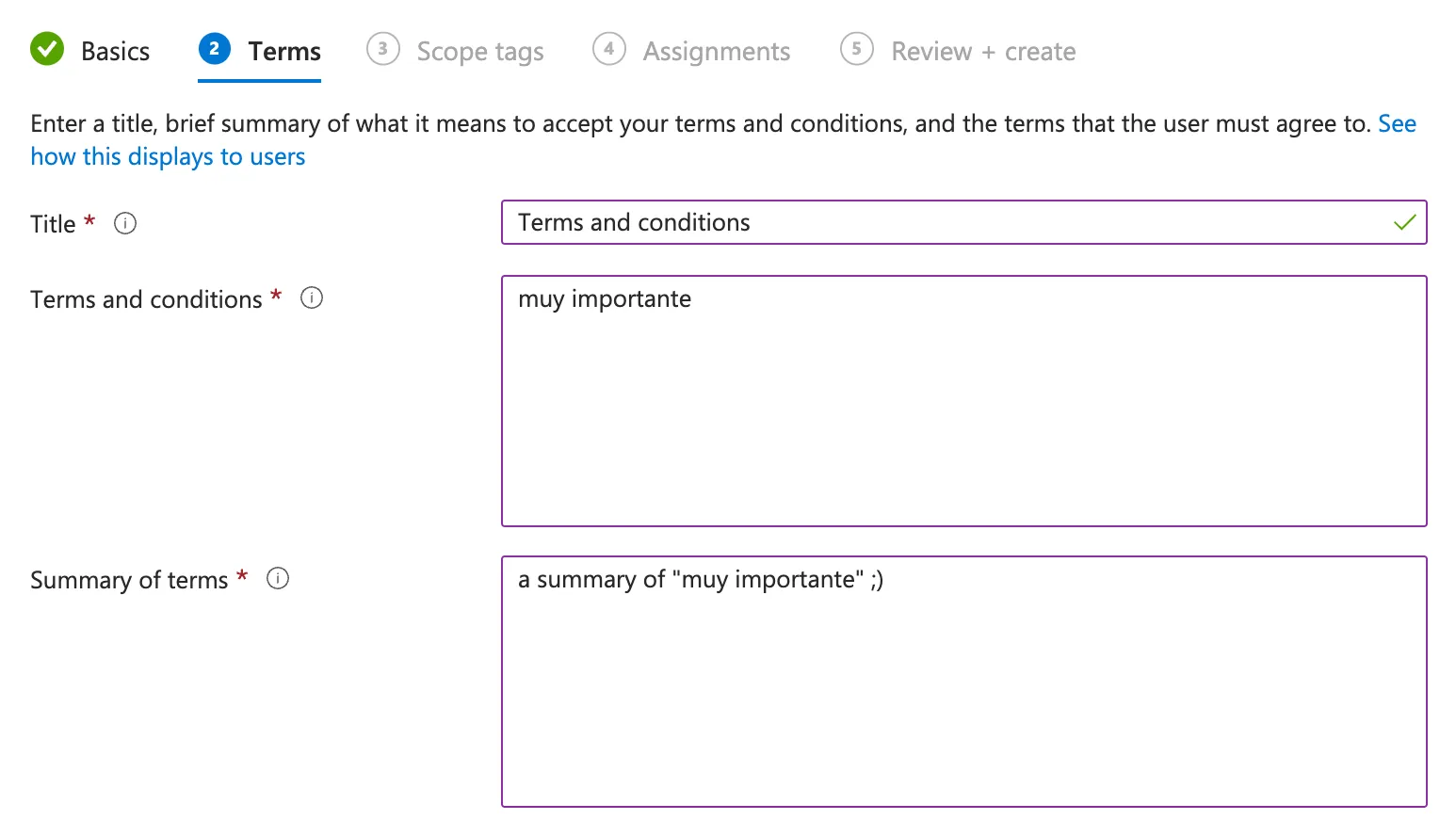 Intune, Terms and conditions content