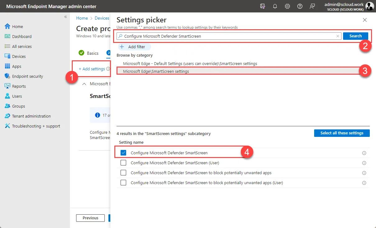 Intune Settings picker, Smart Screen