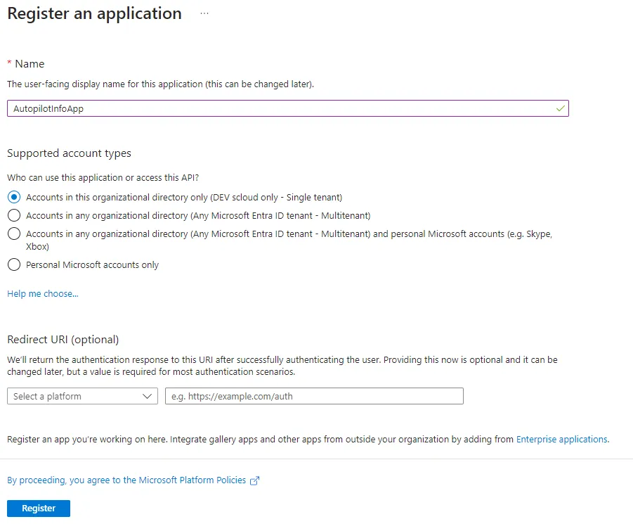 Create a app registration