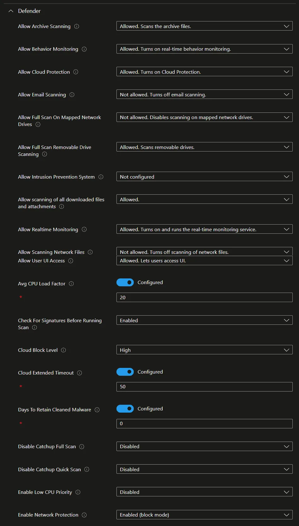 Defender AV settings (1/2)