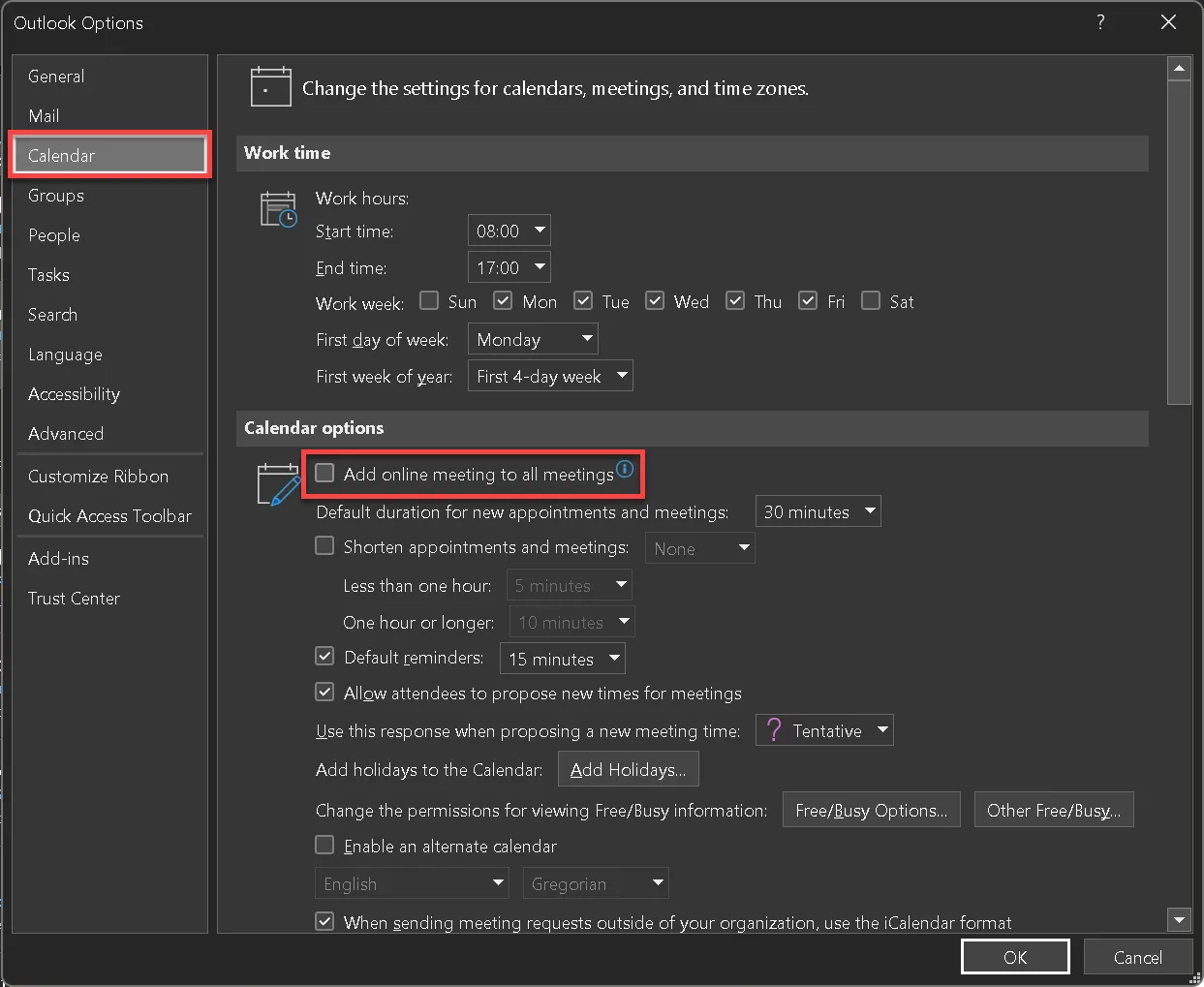 Outlook Options, Calendar, Add online meeting to all meetings
