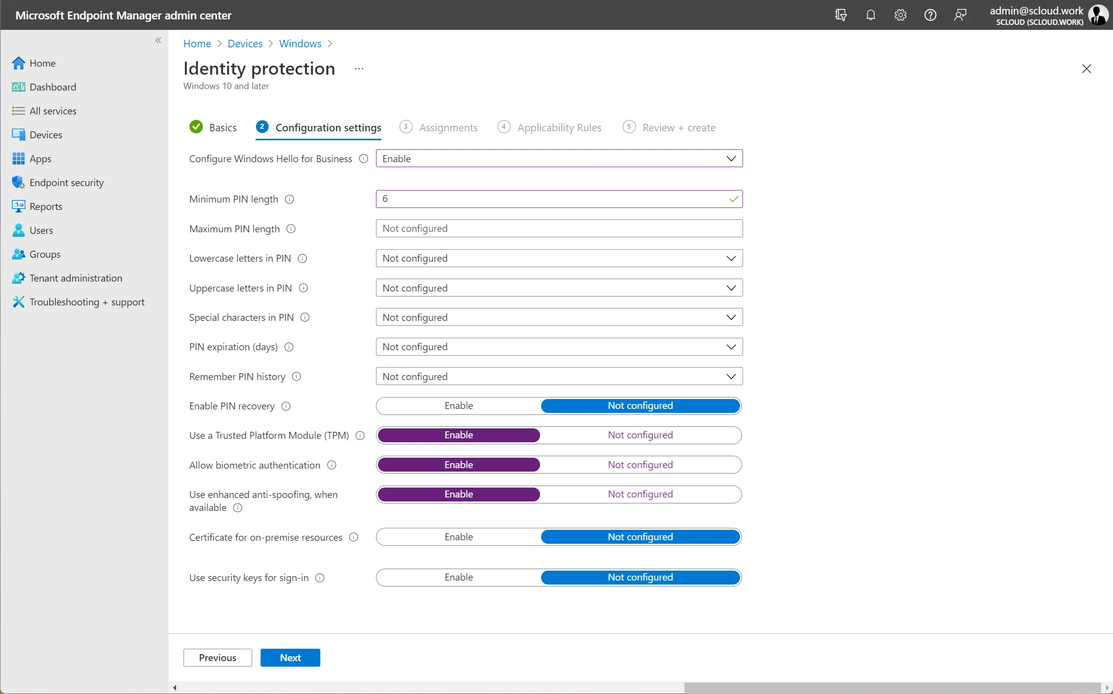 Intune - Identity protection profile - settings