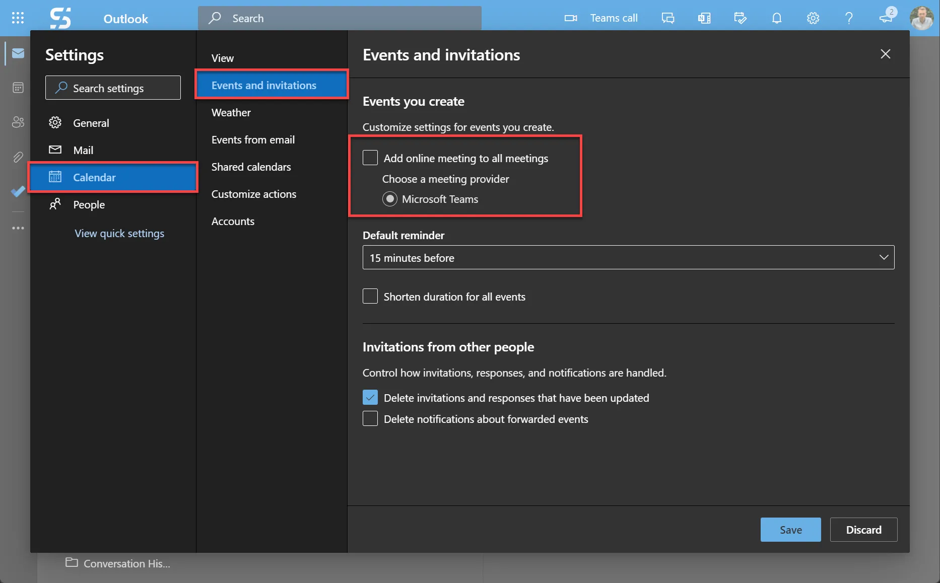 Outlook web, add online meeting to all meetings