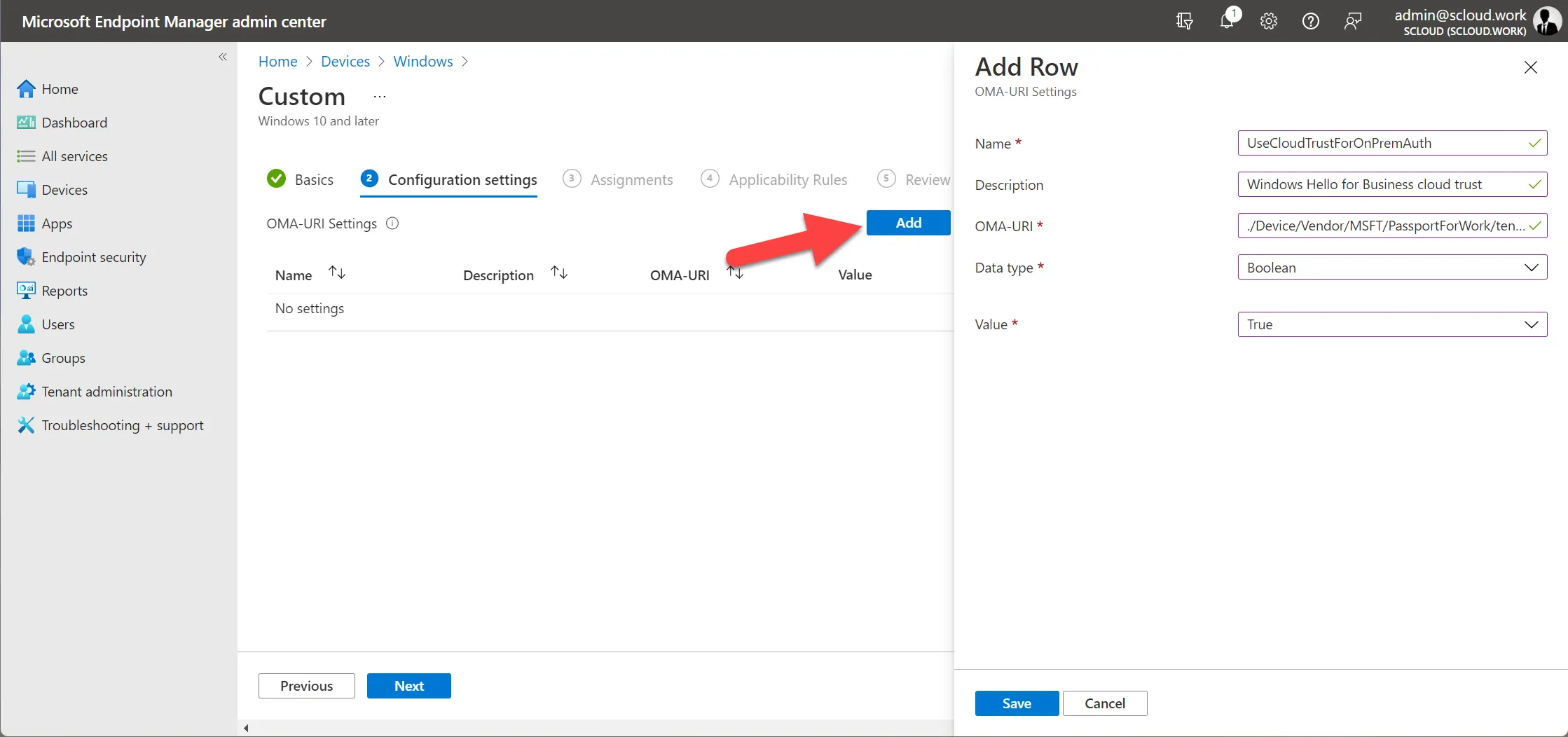 Intune profile WH4B cloud trust