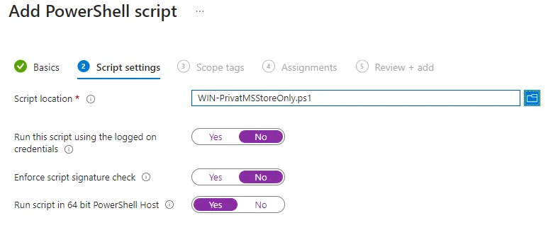 Intune script settings for Require Private Store Only