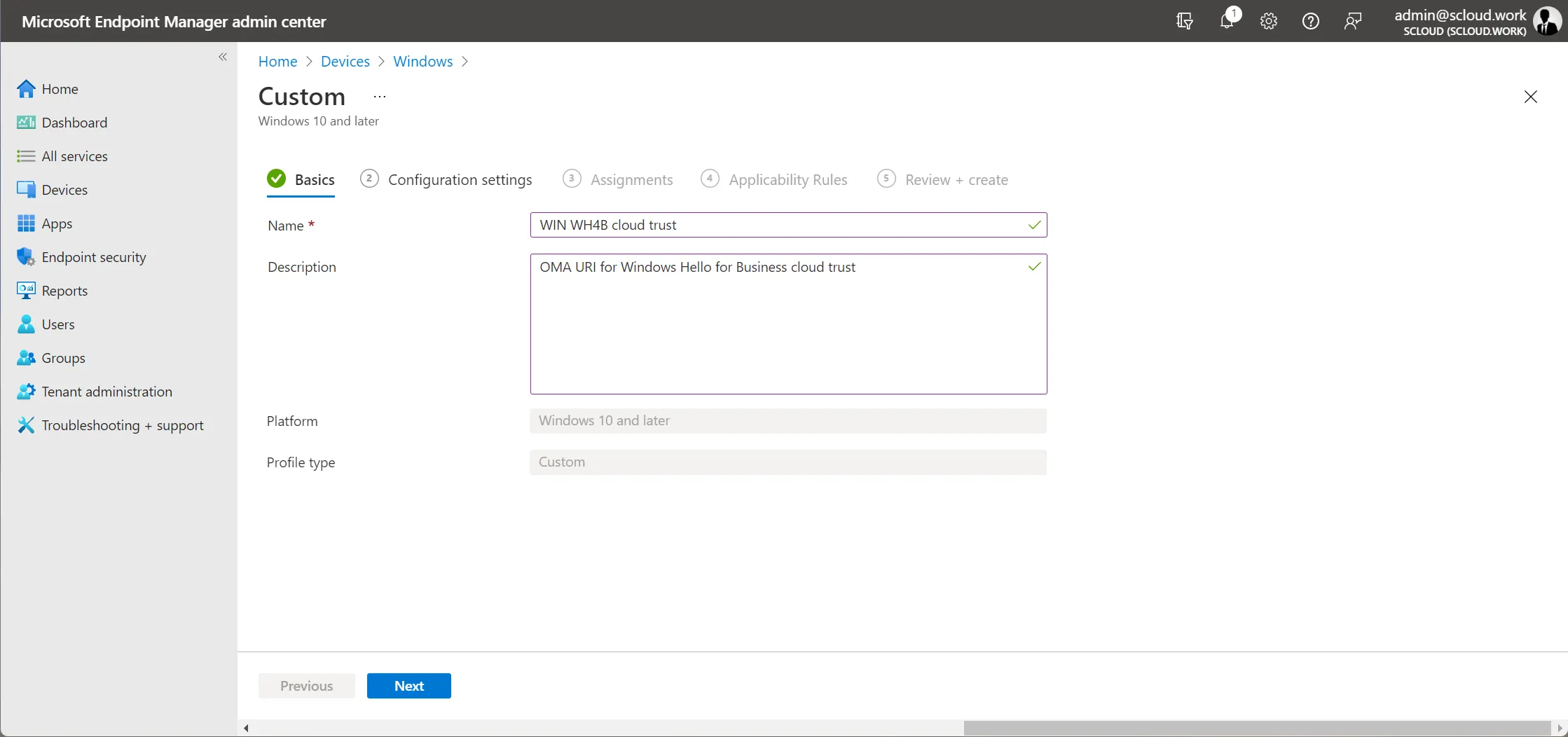 Intune - custom configuration profile - name and description