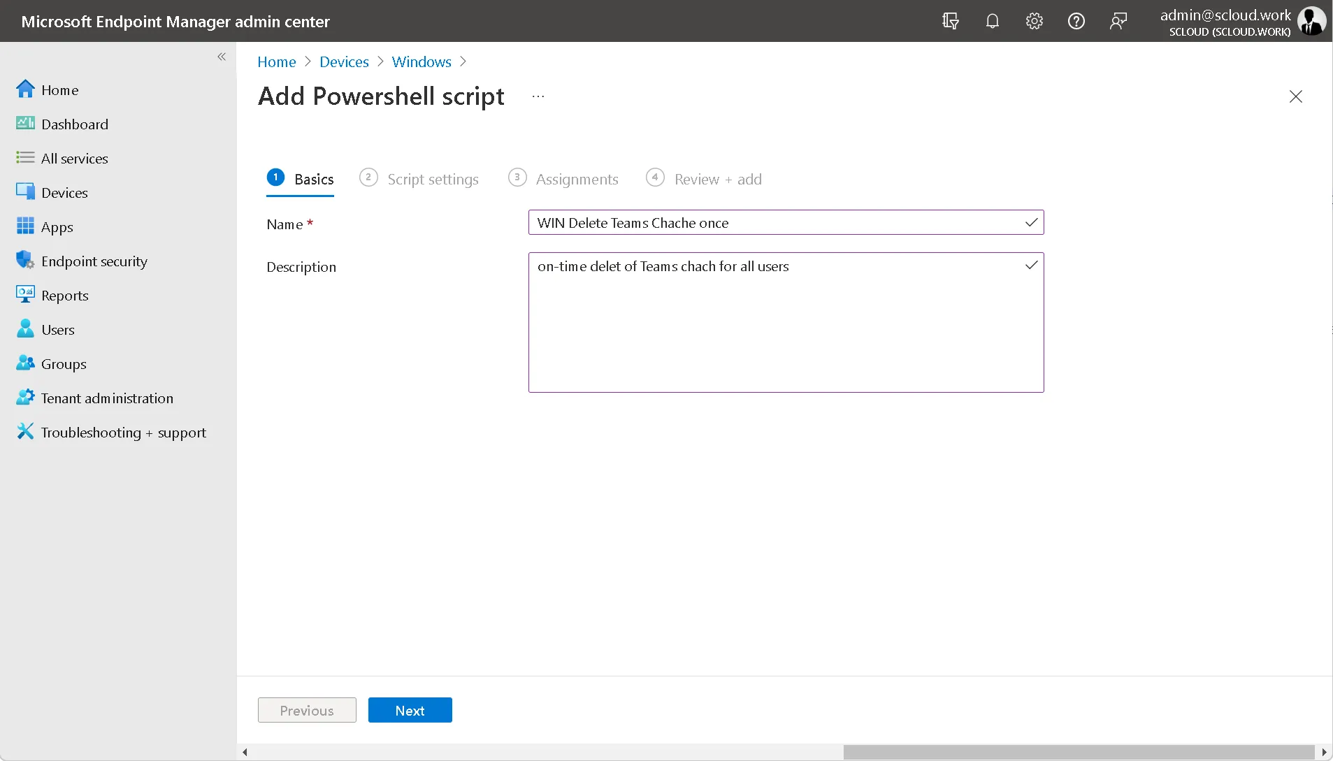 PowerShell script Intune, title and description