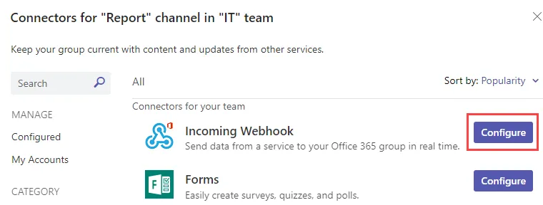 Teams Connector, Incoming Webhook