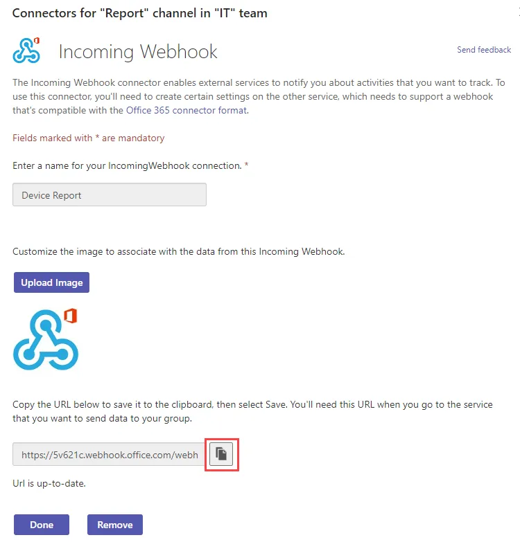 Teams Connector, Incoming Webhook - URL