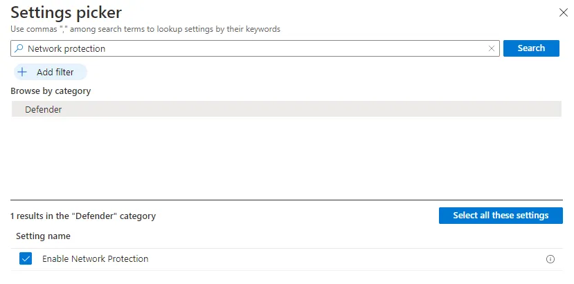 Intune Settings picker, Network protection