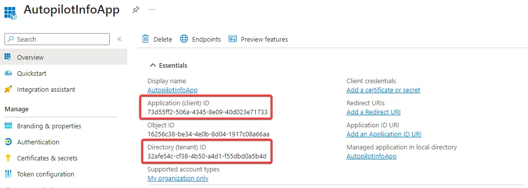 Copy App and Tenant ID
