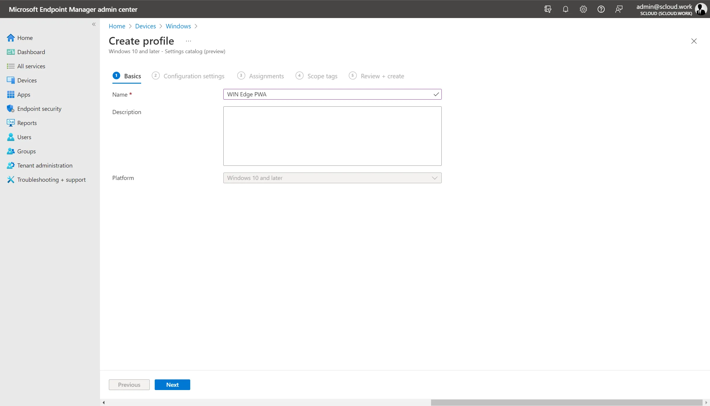 Intune profile name and description