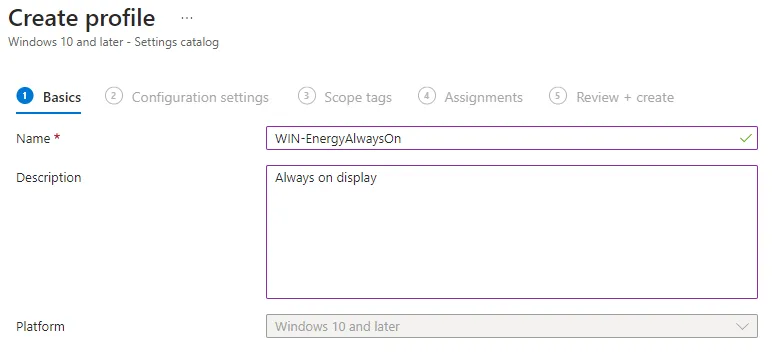 Intune, Profil Name und Beschreibung