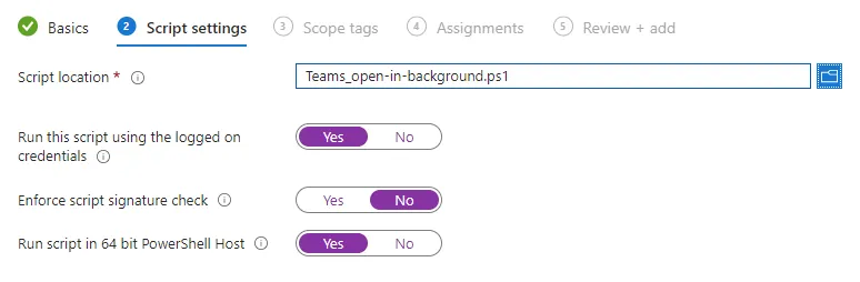 Intune, open Teams in background script settings