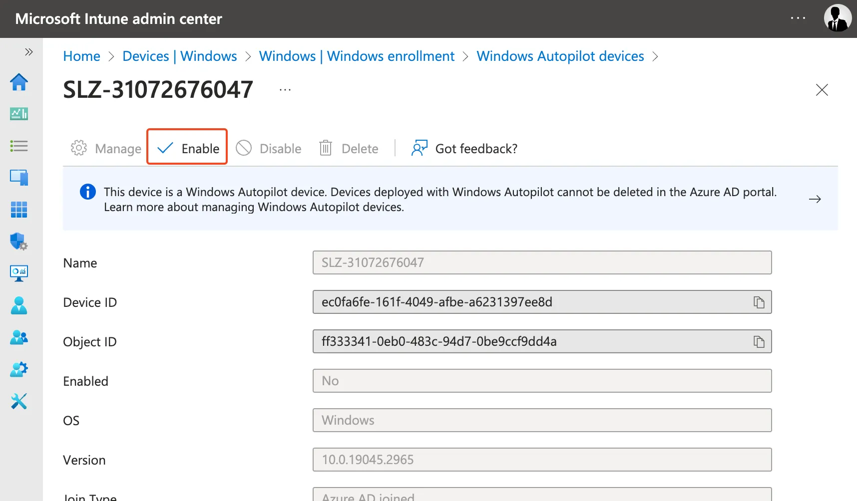 Enable Azure AD device