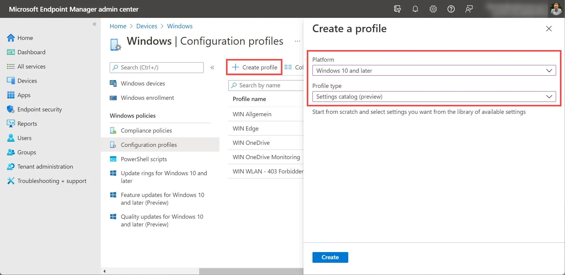 Windows Settings catalog intune/MEM