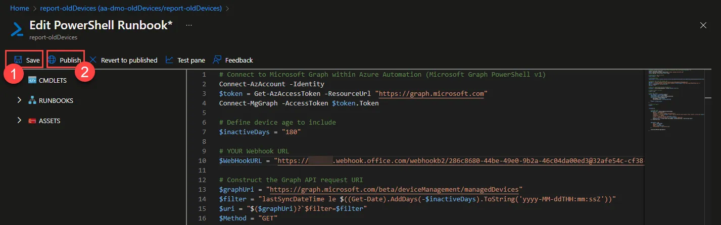 Azure Automation, Runbook veröffentlichen