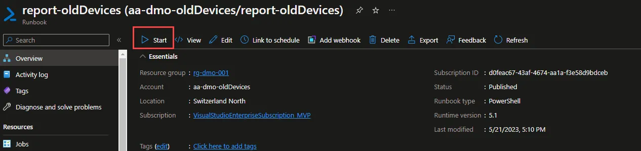 Azure Automation, Runbook starten
