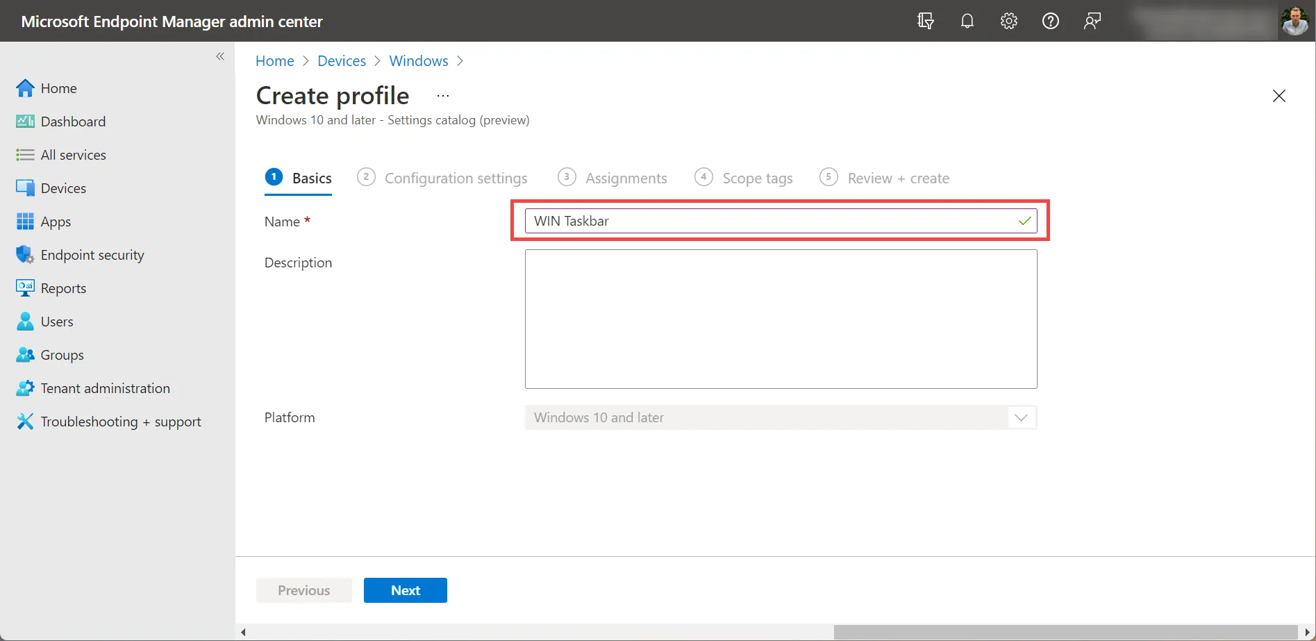 Intune/MEM profile windows name