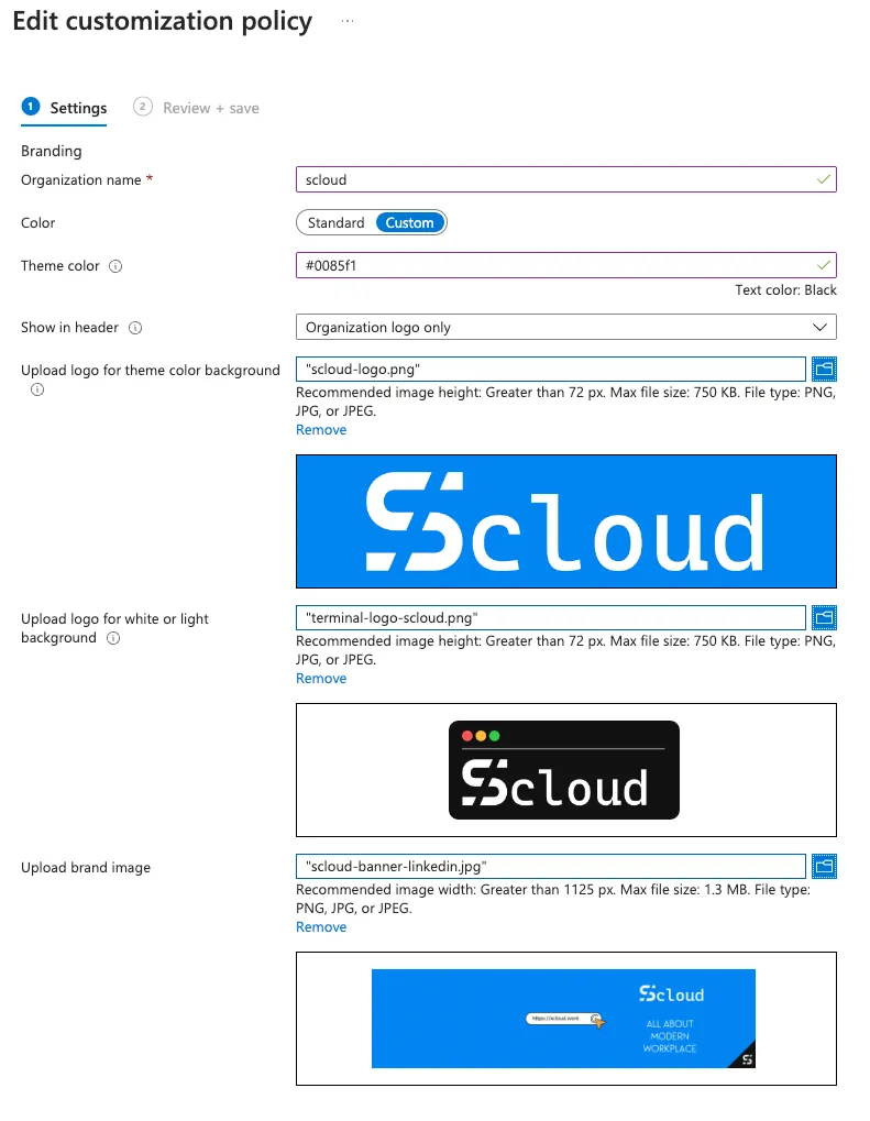 Edit Company Portal settings, Branding