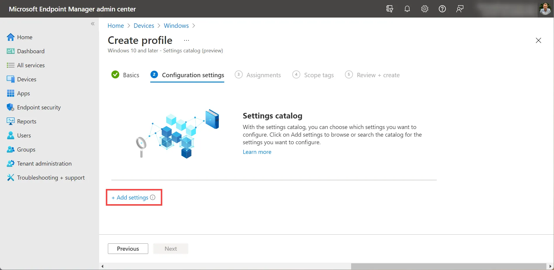 Settings catalog Add settings - Intune / MEM