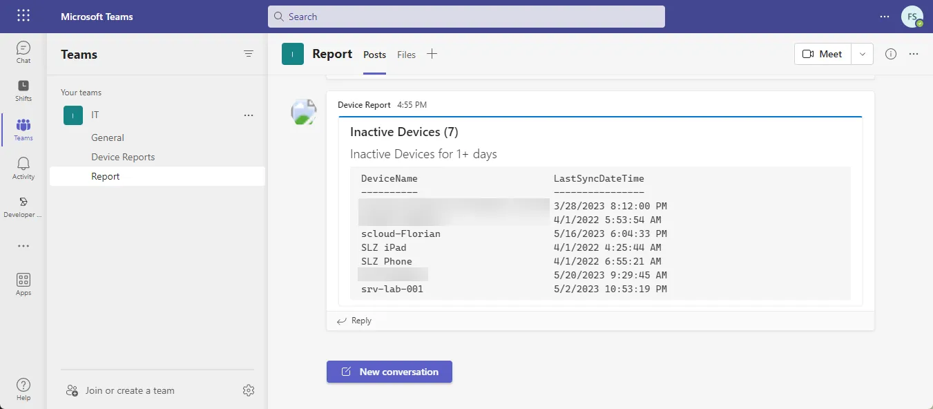 Device Report in Teams
