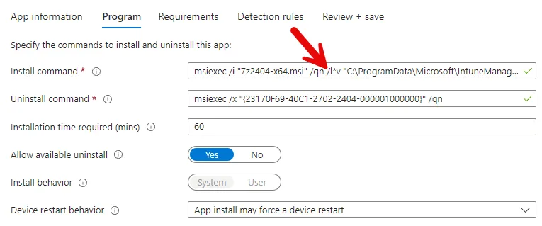 Intune, Program Install command with Log file