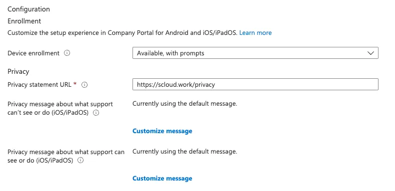 Edit Company Portal settings, Configuration