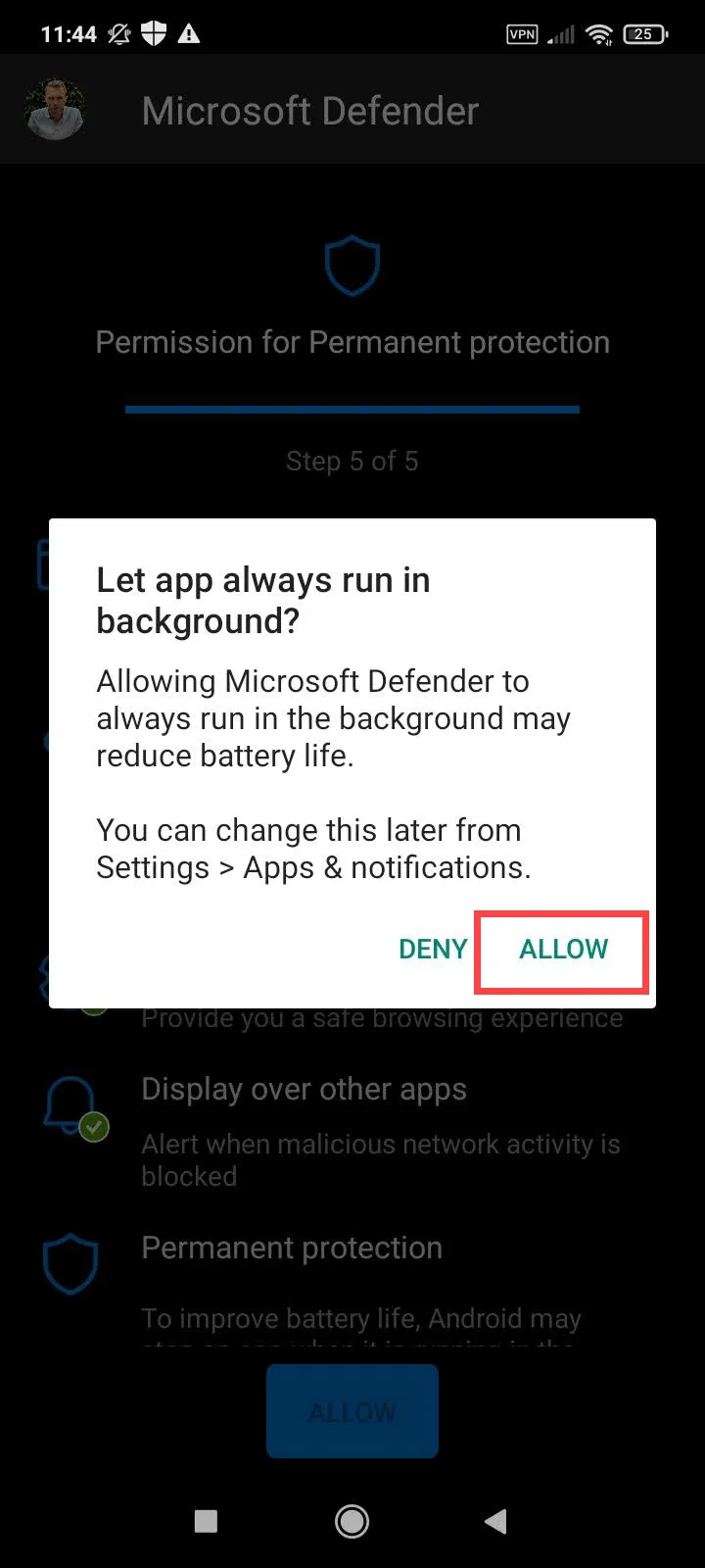 Microsoft Defender Android - allow running in background