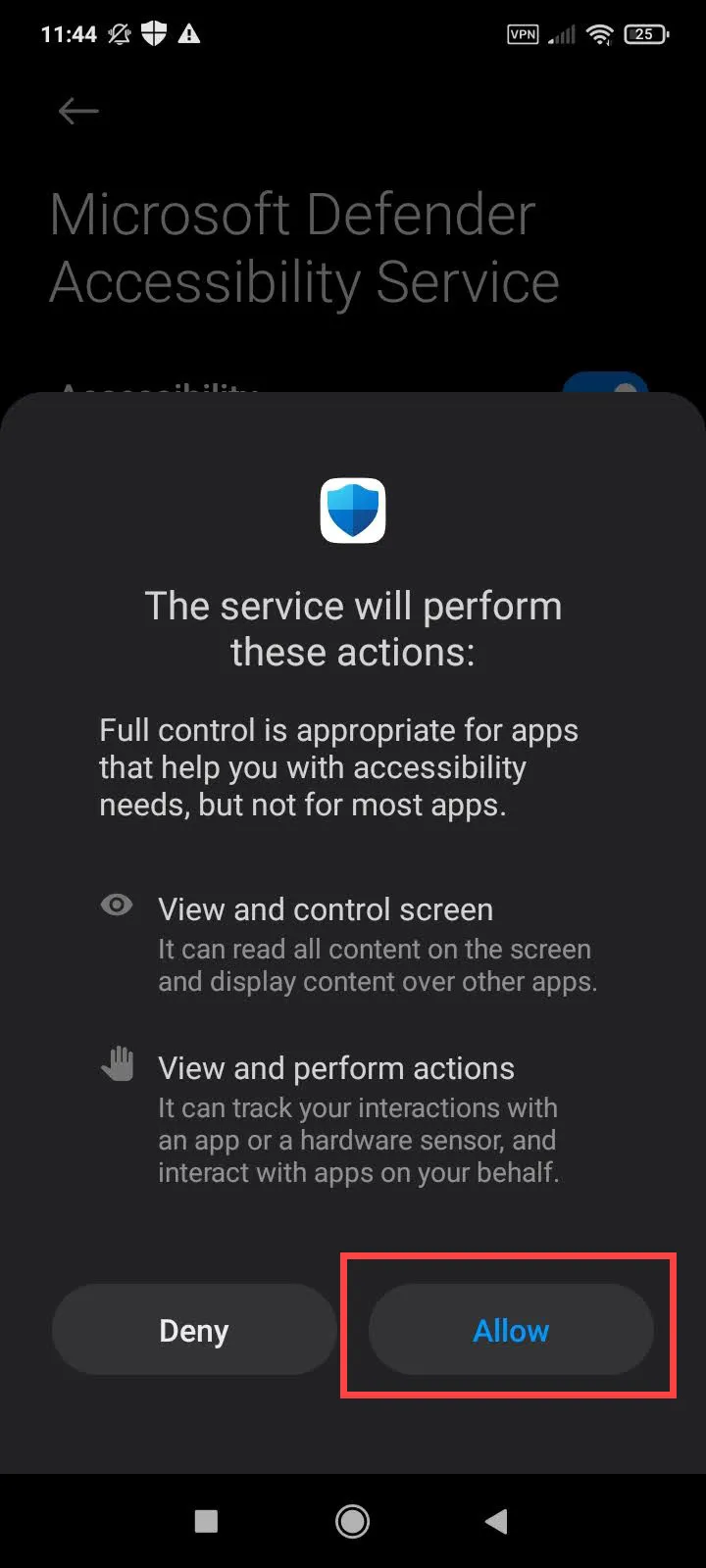 Microsoft Defender Android - Allow view, control and perform action