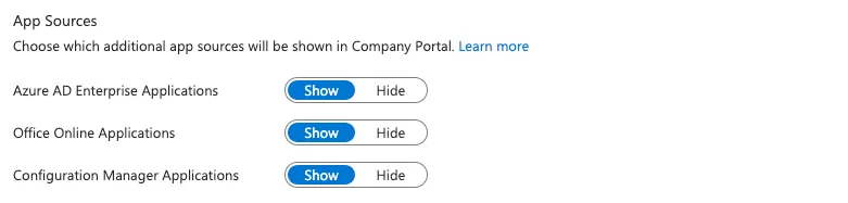 Edit Company Portal settings, App Sources
