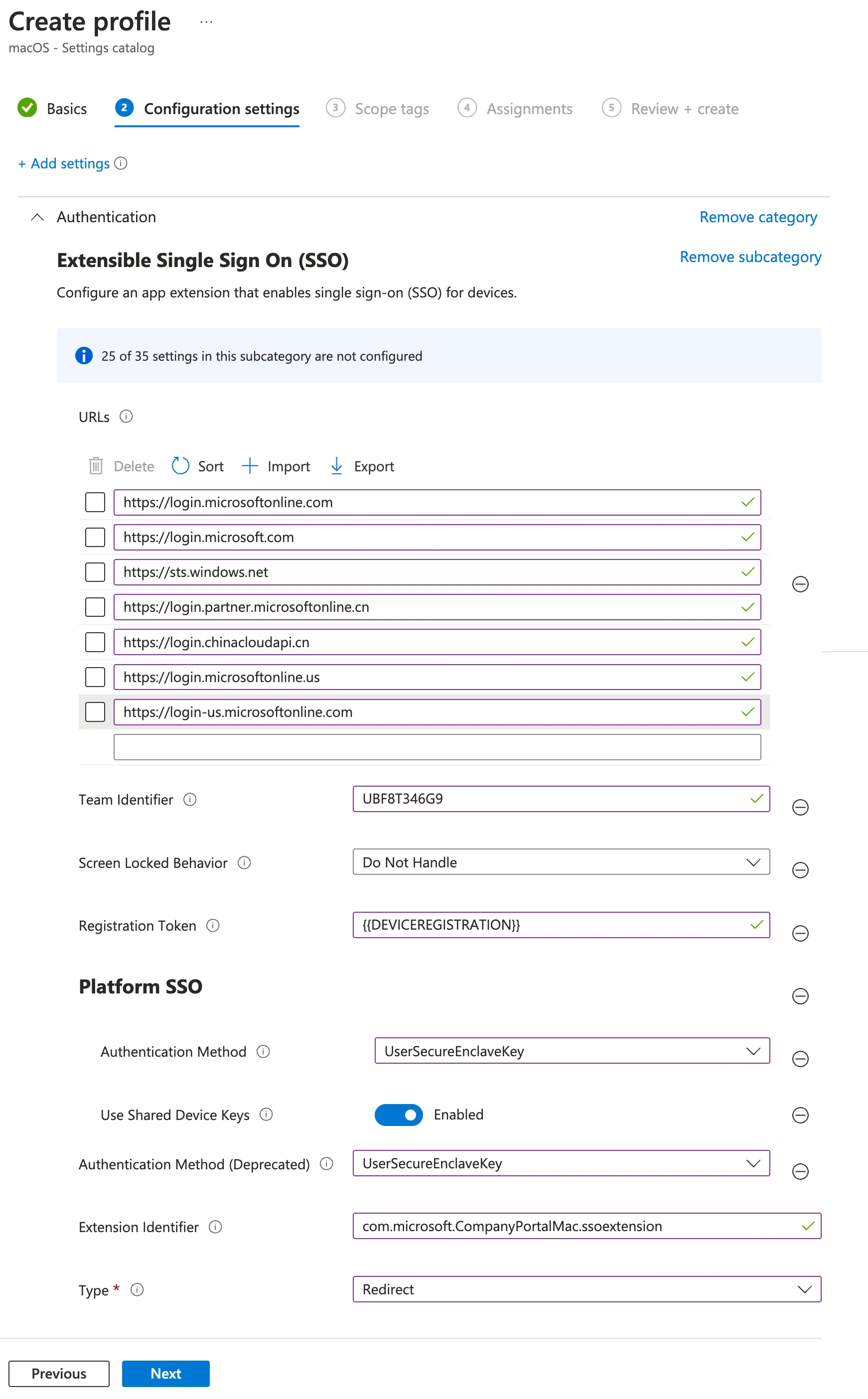 Intune Platform SSO settings catalog profile 