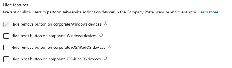 Edit Company Portal settings, Hide features