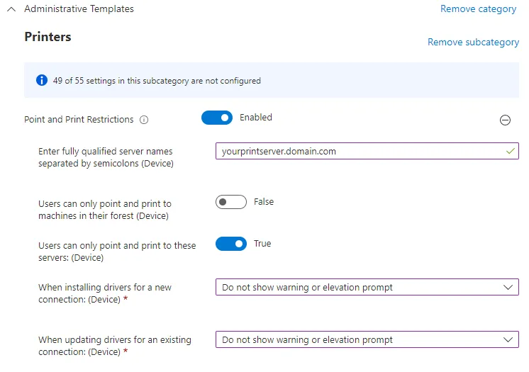 Point and Print settings