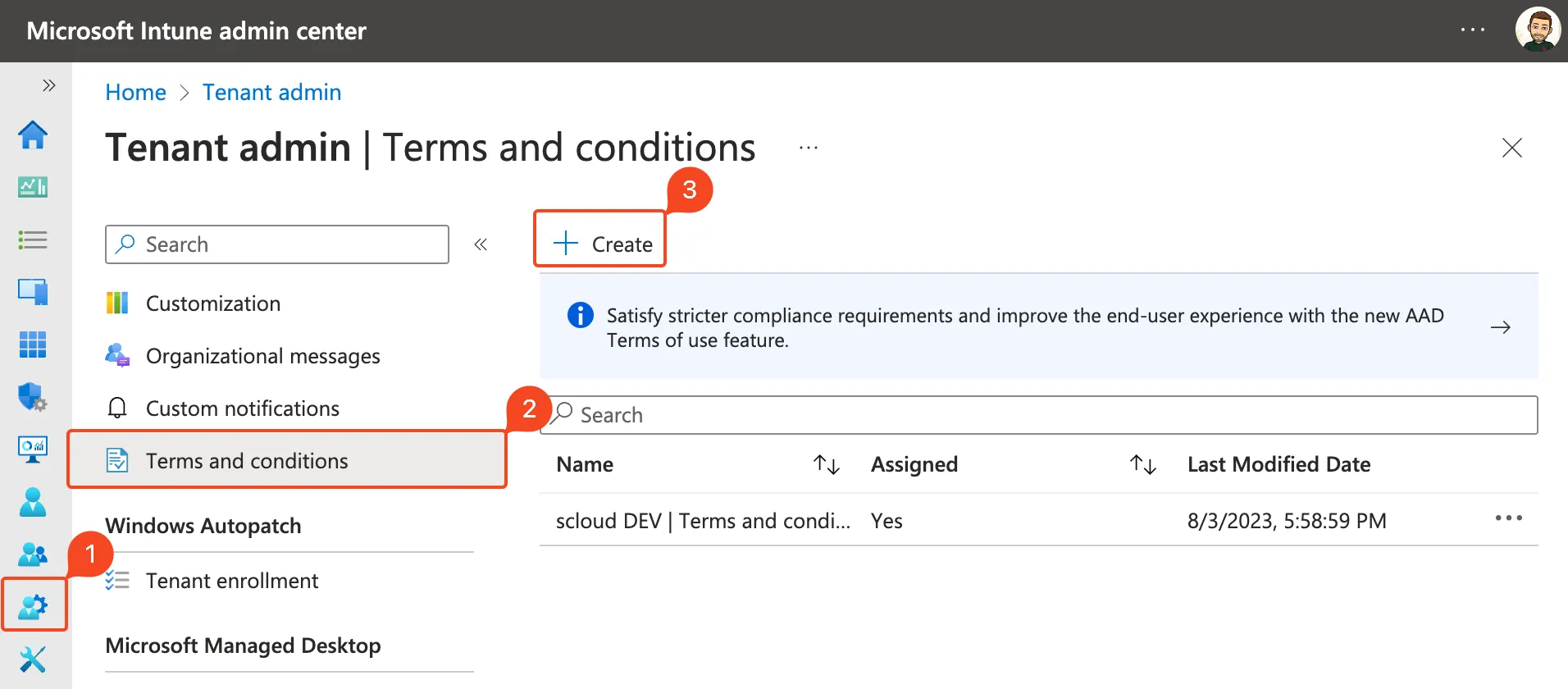 Intune, add Terms and conditions