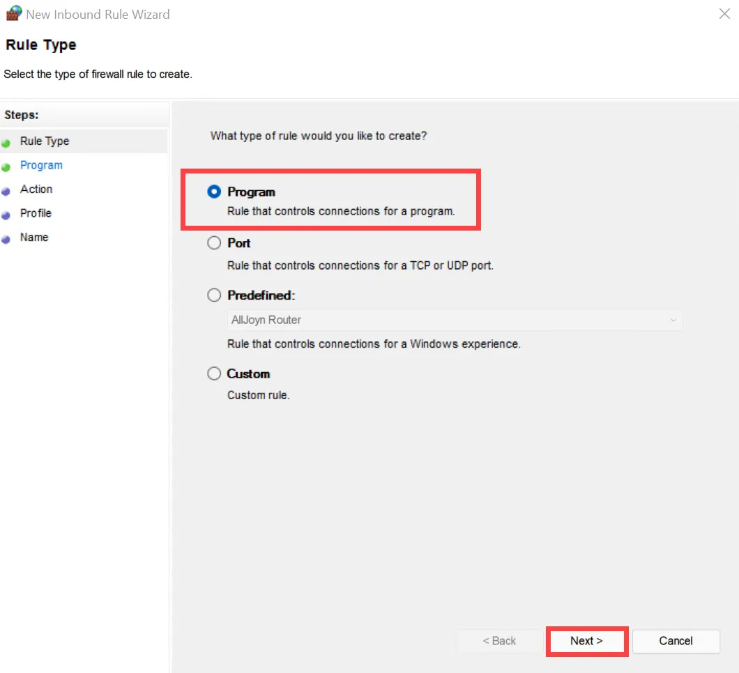 Inbound Firewall rule - Program