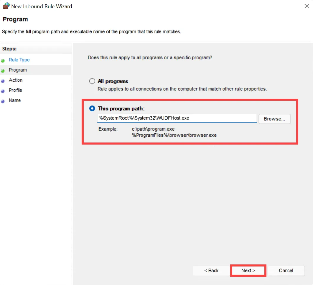Inbound Firewall rule - program path