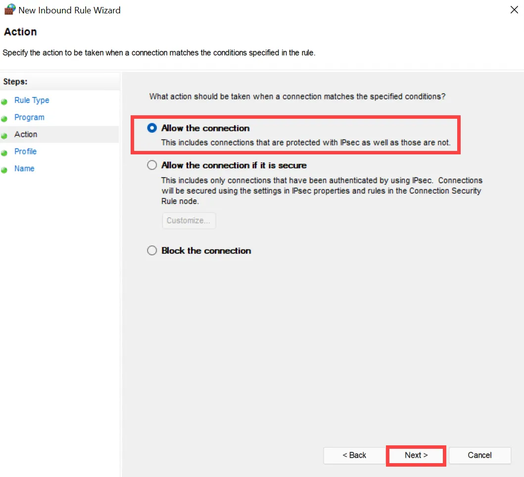 Inbound Firewall rule - allow connection