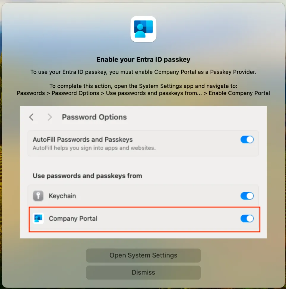 macOS, prompt to enable Company Portal as Password provider