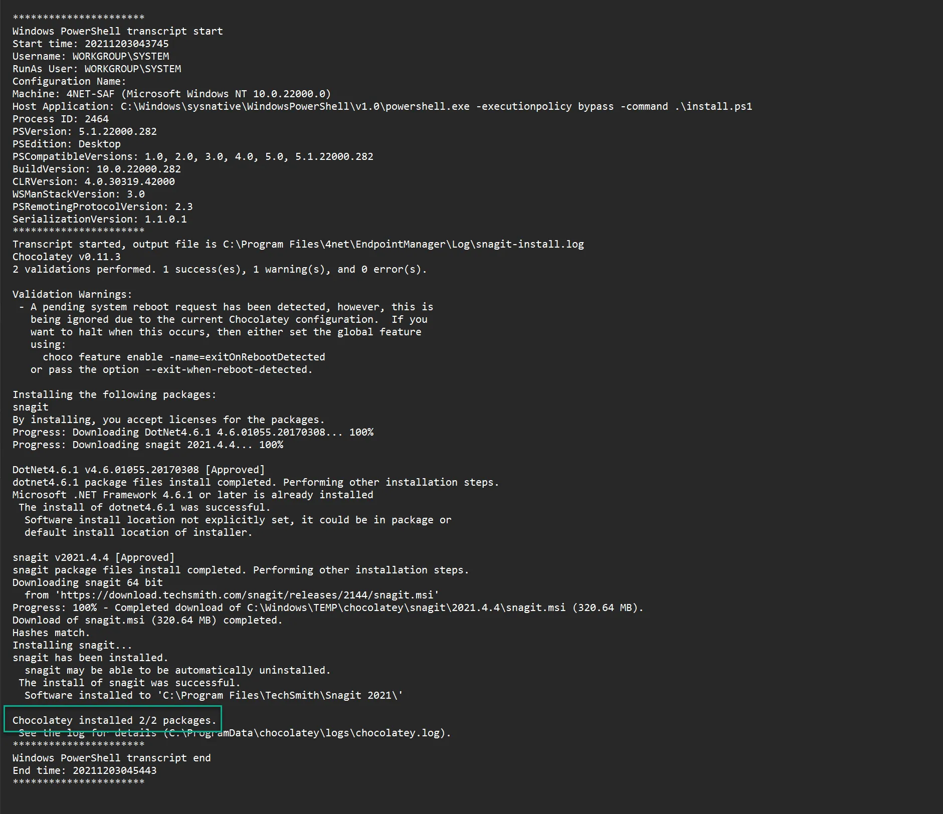 Chocolatey installation log