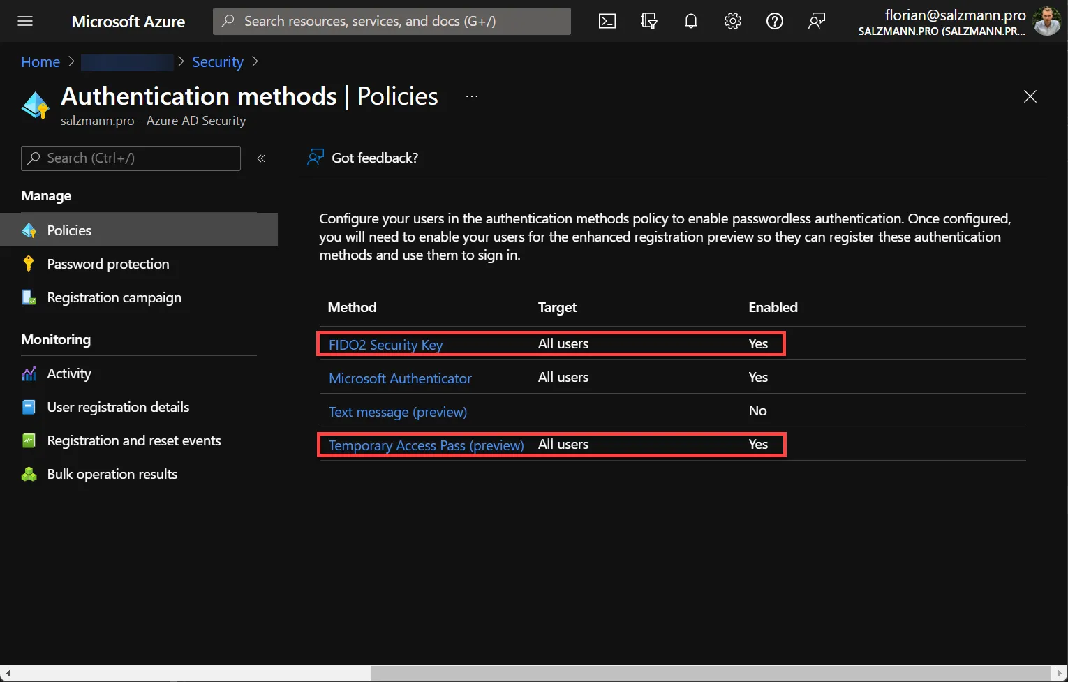 Activation of Security Key and Temporary Access Pass
